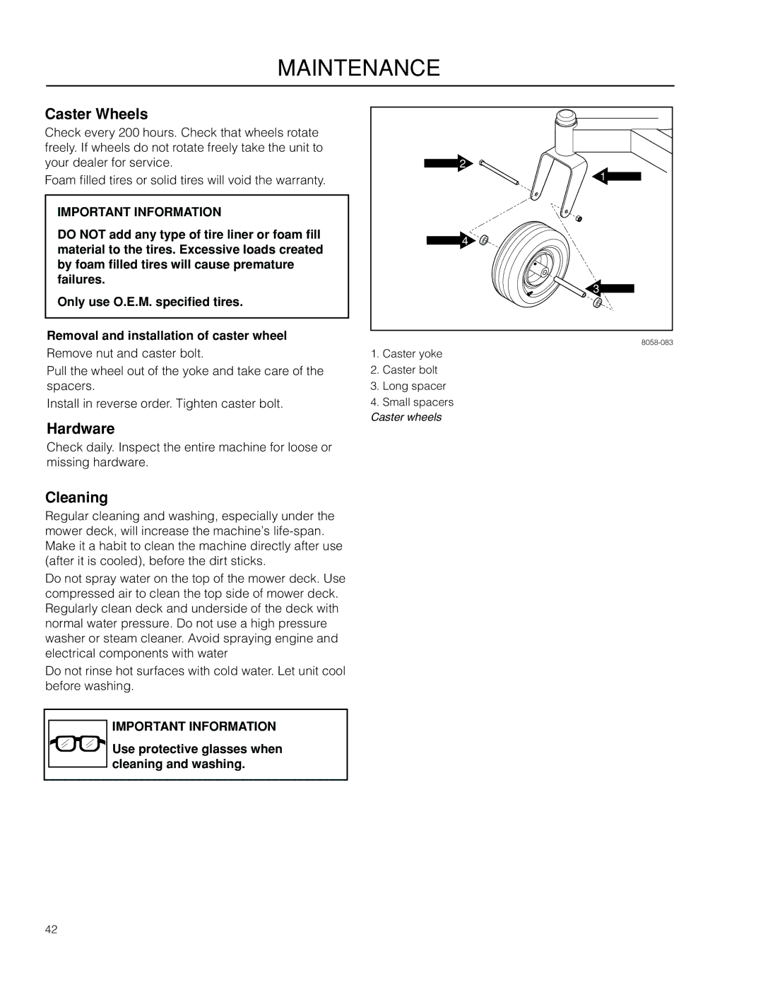 Poulan 460ZX / 966550201 manual Caster Wheels, Hardware, Cleaning, Use protective glasses when cleaning and washing 