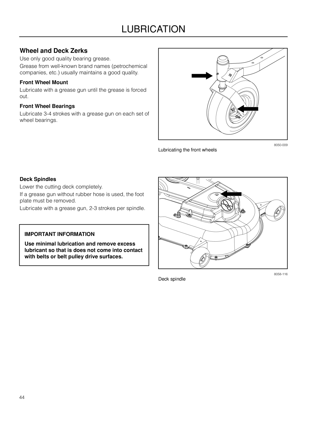 Poulan 460ZX / 966550201 manual Wheel and Deck Zerks, Front Wheel Mount, Front Wheel Bearings, Deck Spindles 