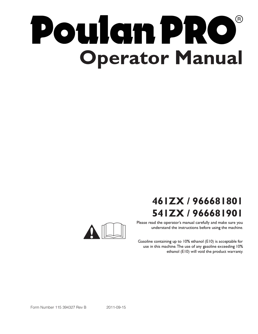 Poulan 966681801, 461ZX warranty Operator Manual 