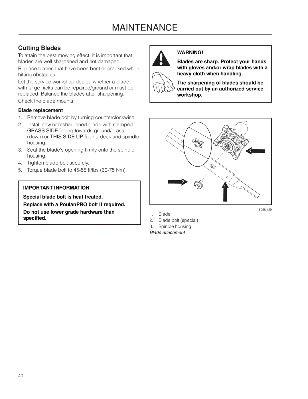 Poulan 461ZX, 966681801 warranty Cutting Blades, Blade replacement 