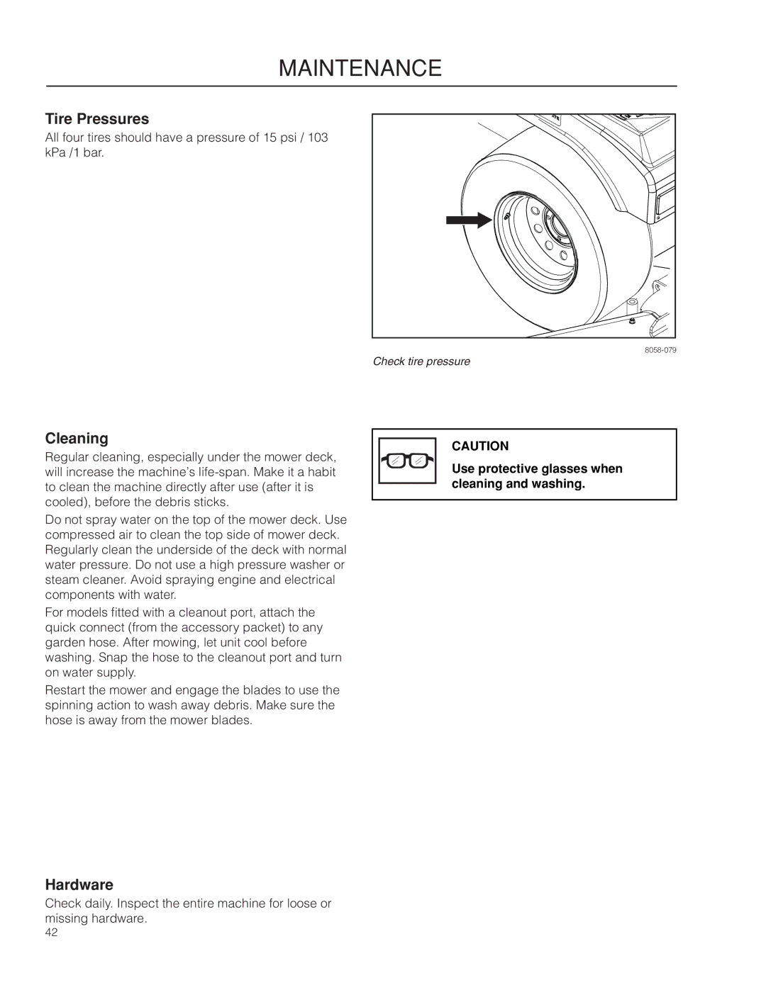 Poulan 461ZX, 966681801 warranty Tire Pressures, Cleaning, Hardware, Use protective glasses when cleaning and washing 