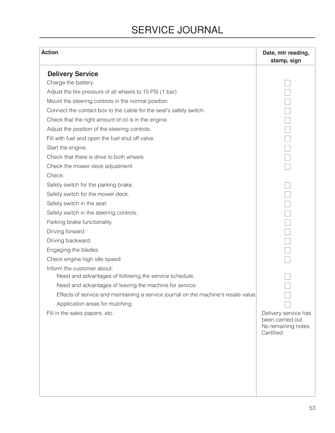 Poulan 966681801, 461ZX warranty Service Journal, Delivery Service, Action Date, mtr reading Stamp, sign 