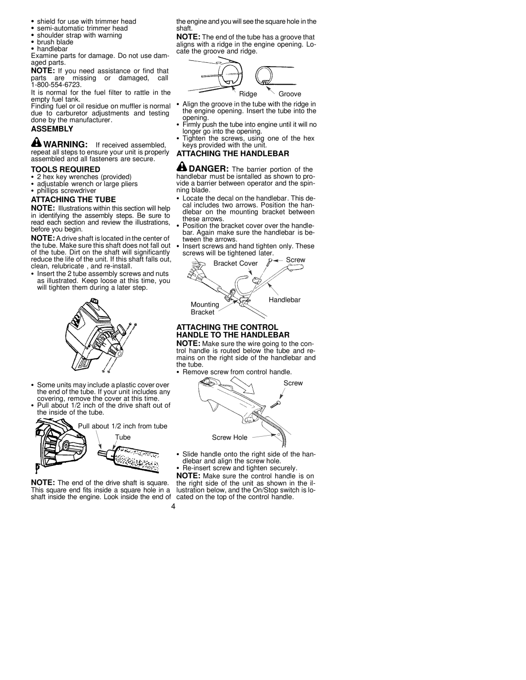 Poulan 530085855 manual Assembly Tools Required, Attaching the Tube, Attaching the Handlebar 