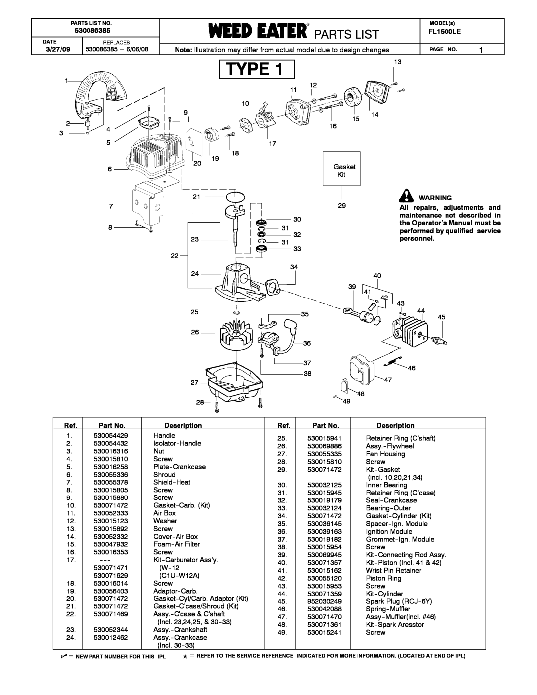 Poulan 530086385 manual Type, Parts List, Poulanparamountpoulanpro Partslist 