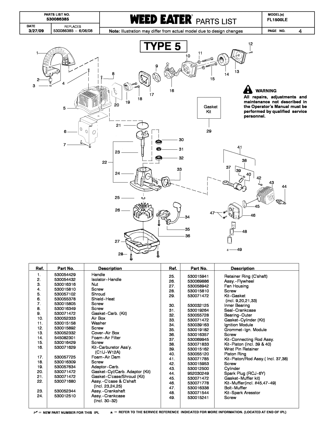 Poulan 530086385 manual Type, Parts List, Poulanparamountpoulanpro Partslist 