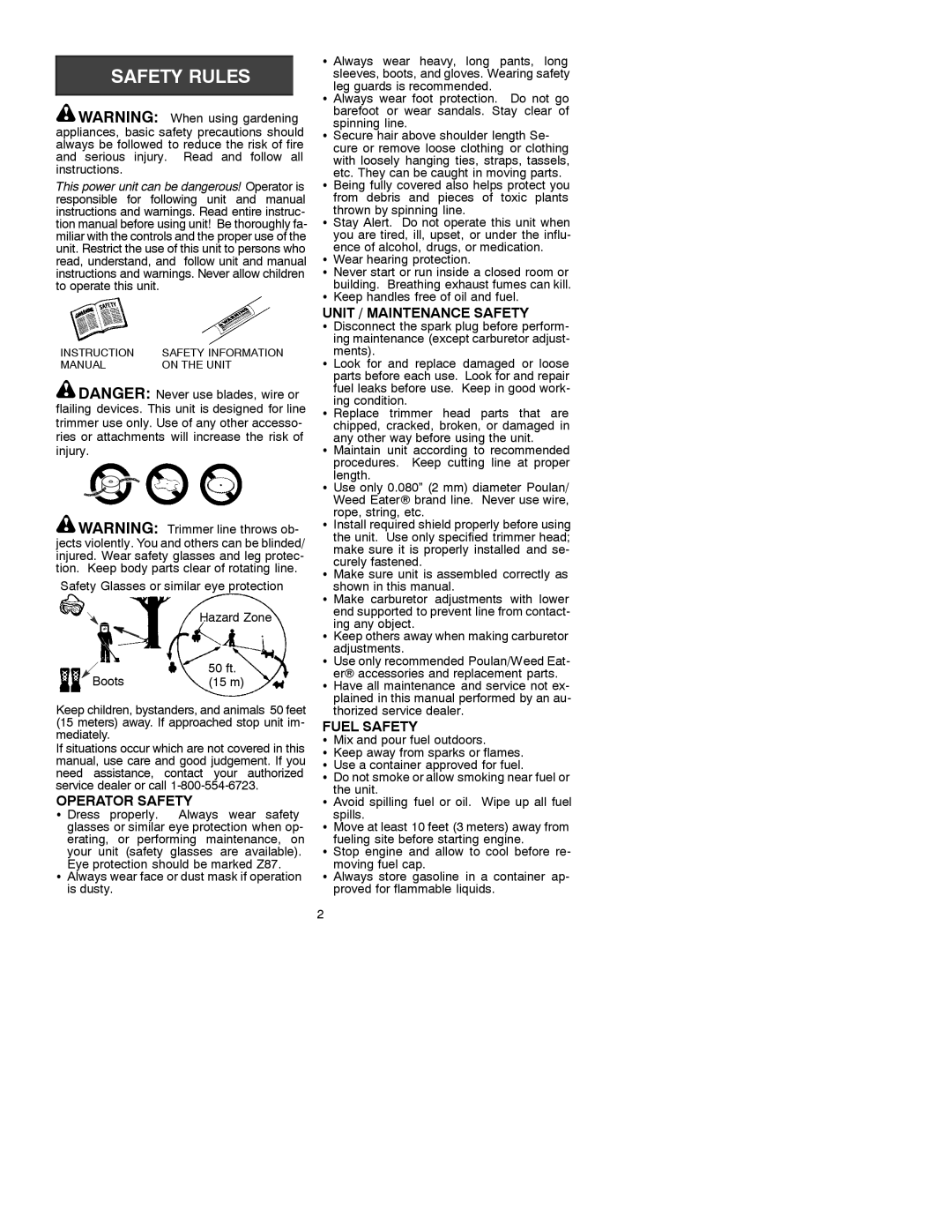 Poulan 530086413 instruction manual Operator Safety, Unit / Maintenance Safety, Fuel Safety 