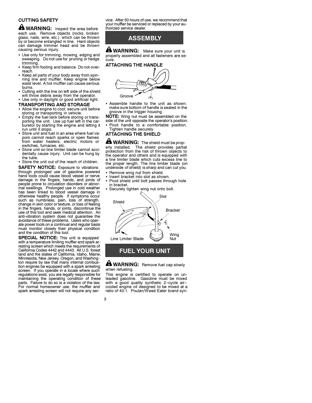 Poulan 530086413 instruction manual Cutting Safety, Transporting and Storage, Attaching the Handle, Attaching the Shield 