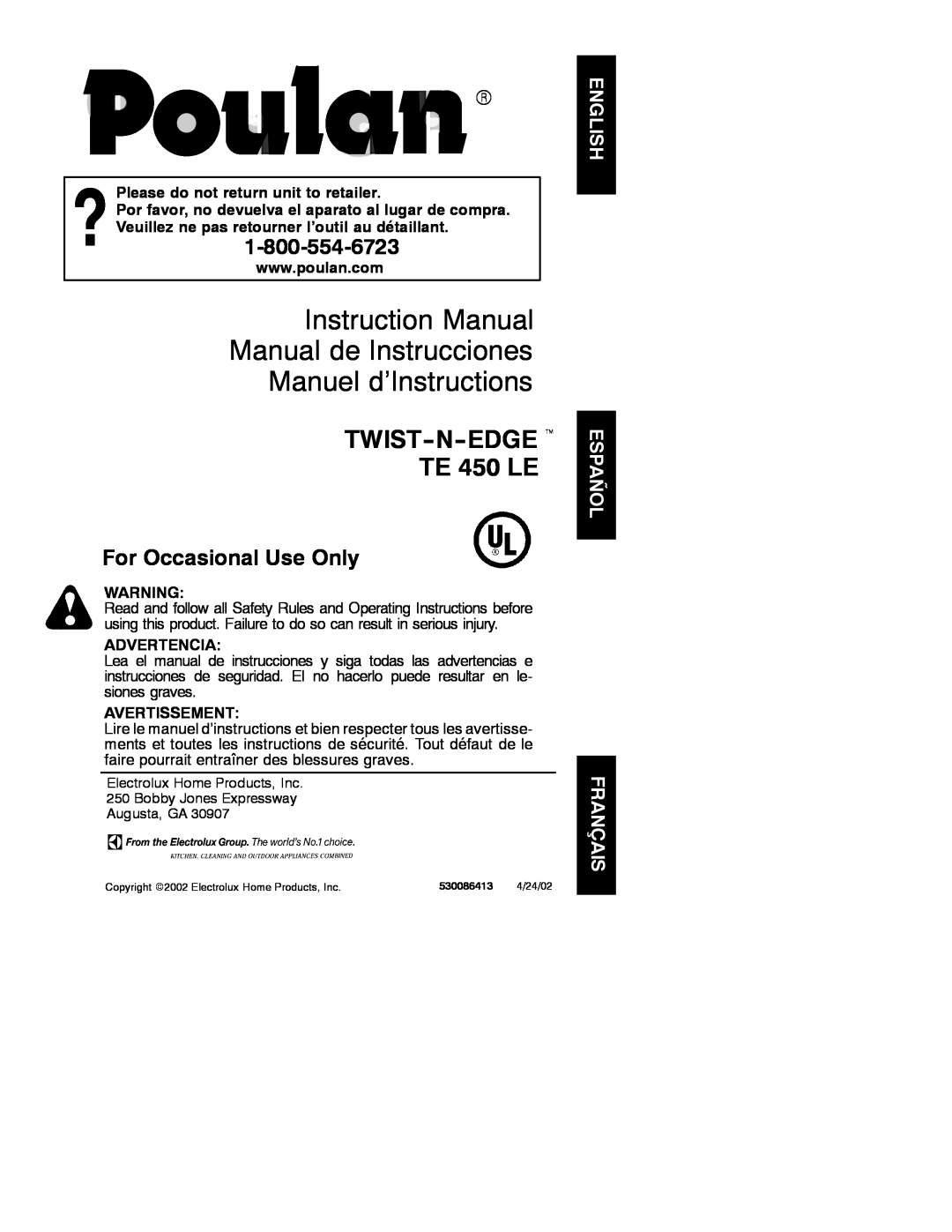 Poulan 530086413 instruction manual Instruction Manual Manual de Instrucciones Manuel d’Instructions, Advertencia 
