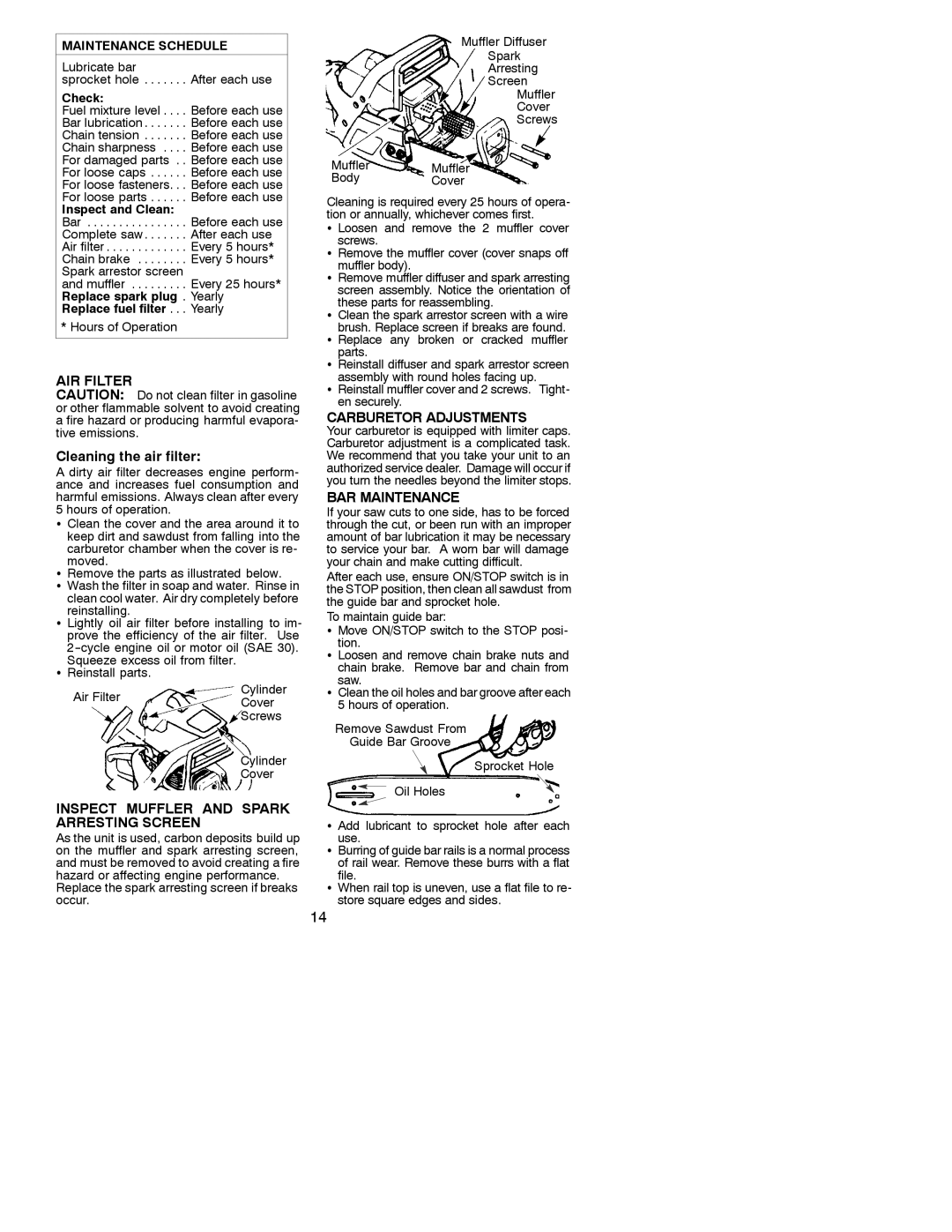 Poulan 530086527 AIR Filter, Cleaning the air filter, Inspect Muffler and Spark Arresting Screen, Carburetor Adjustments 