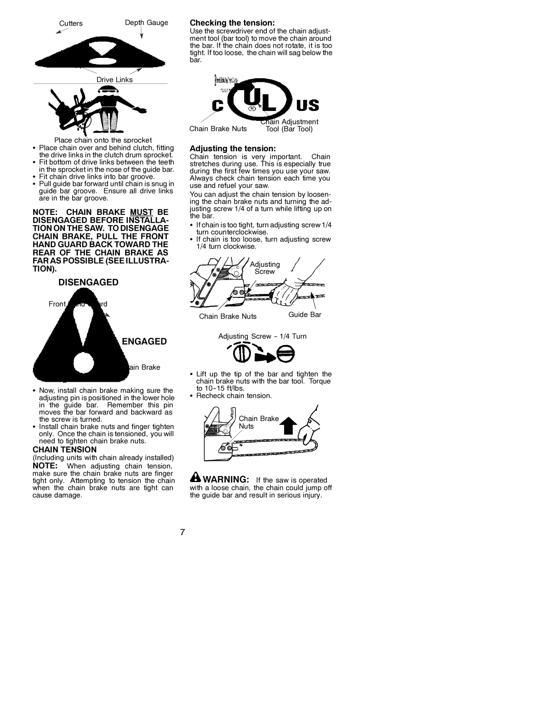 Poulan 530086528 instruction manual Checking the tension, Chain Tension, Adjusting the tension 