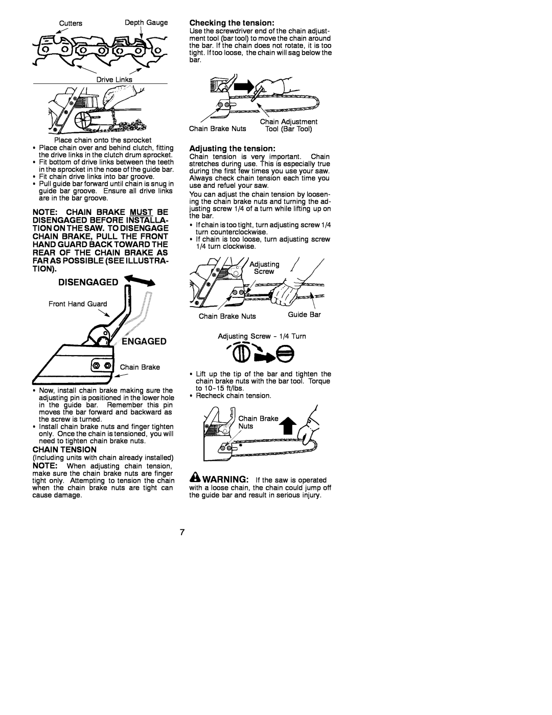 Poulan 530086528 instruction manual Disengaged, Engaged, Checking the tension, Chain Tension, Adjusting the tension 