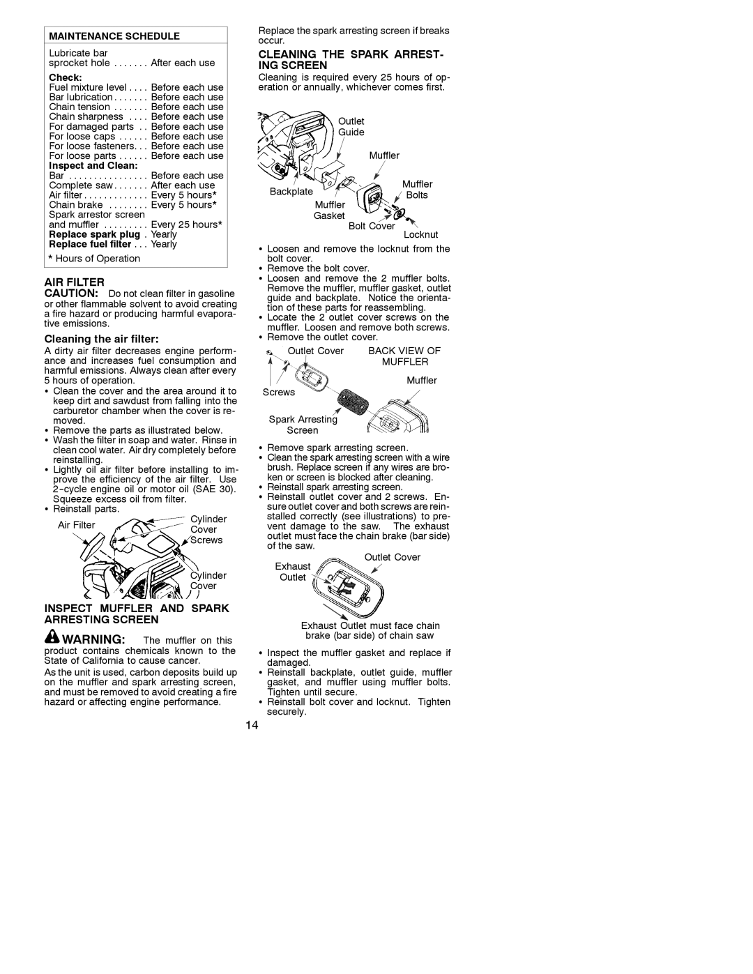 Poulan 530086532 instruction manual AIR Filter, Cleaning the air filter, Cleaning the Spark ARREST- ING Screen 