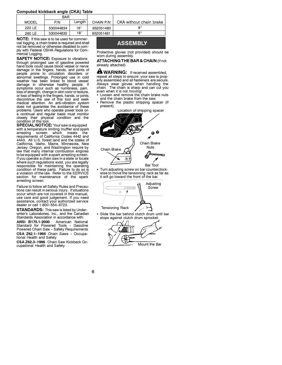 Poulan 530086532 instruction manual Computed kickback angle CKA Table, Attaching the BAR & Chain If not 