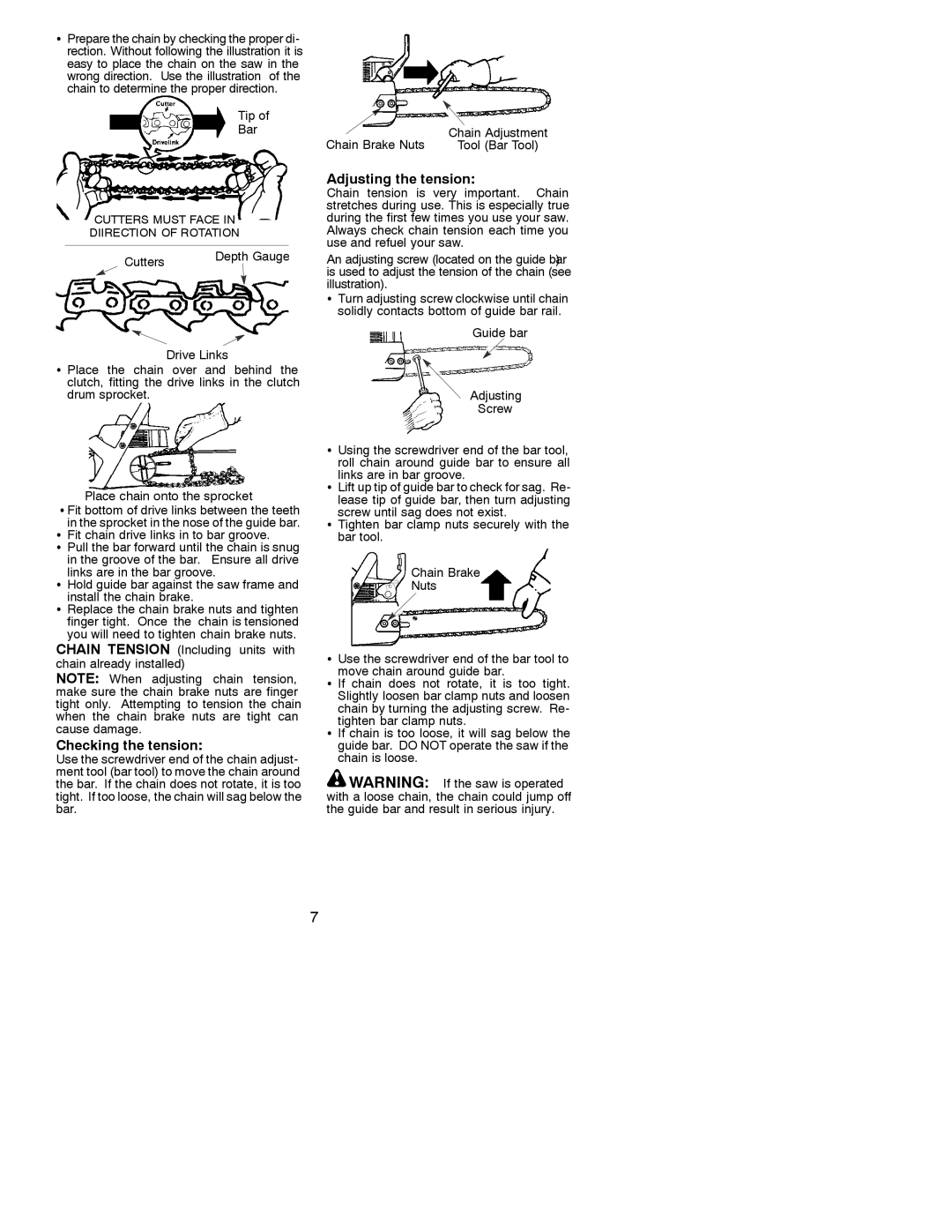 Poulan 530086532 instruction manual Checking the tension, Adjusting the tension, Tip Bar Chain Brake Nuts Chain Adjustment 