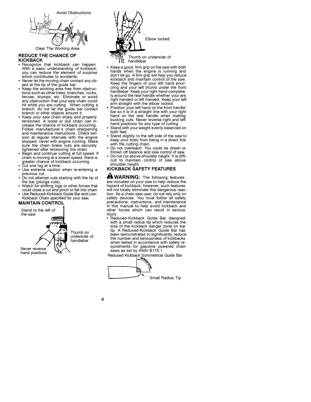 Poulan 530086536 instruction manual Reduce the Chance Kickback, Maintain Control, Kickback Safety Features 