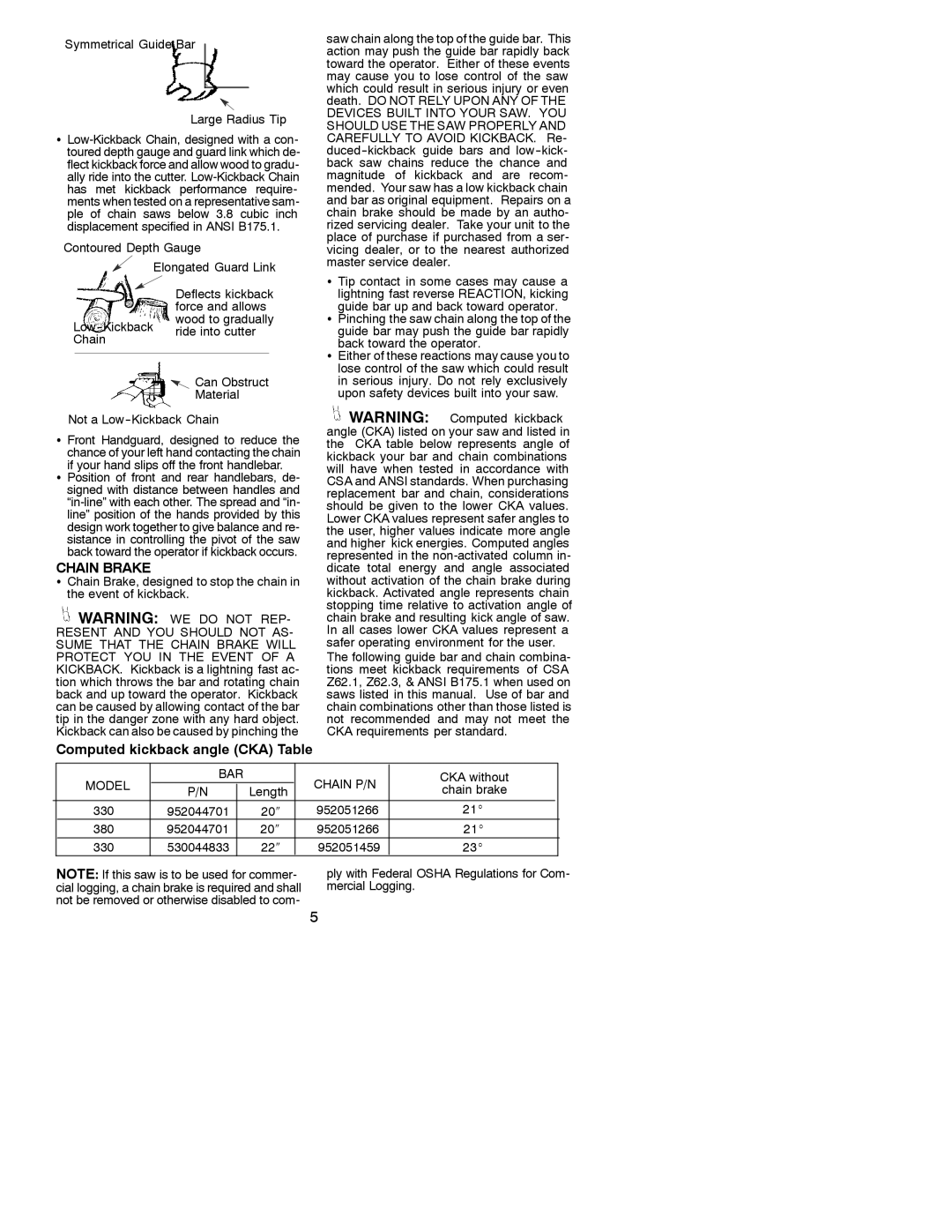 Poulan 530086536 Chain Brake, Computed kickback angle CKA Table, Symmetrical Guide Bar Large Radius Tip, CKA without 