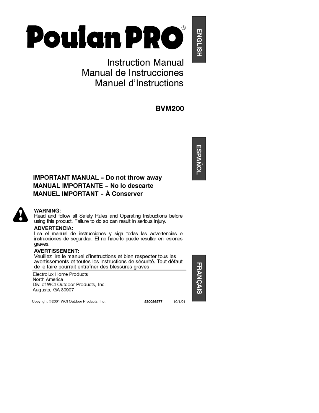 Poulan 530086577 instruction manual Manual de Instrucciones Manuel d’Instructions 