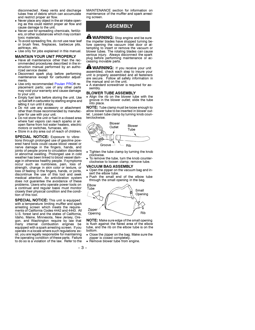 Poulan 530086577 instruction manual Maintain Your Unit Properly, Blower Tube Assembly, Vacuum BAG Assembly 