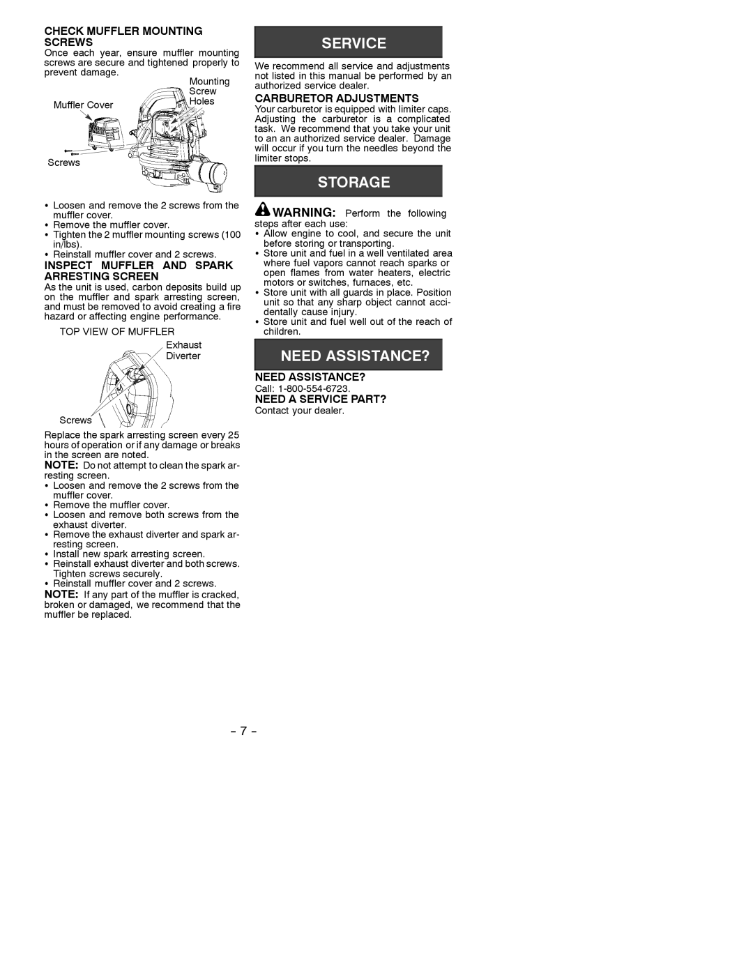 Poulan 530086577 Check Muffler Mounting Screws, Inspect Muffler and Spark Arresting Screen, Carburetor Adjustments 