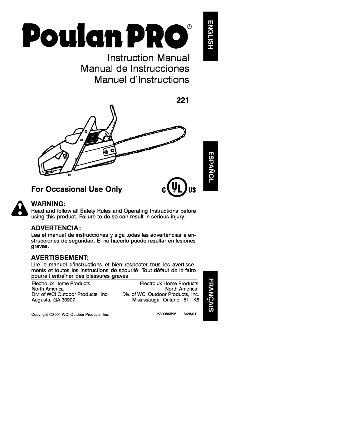 Poulan 530086595 instruction manual Instruction Manual Manual de Instrucciones Manuel d’Instructions, Advertencia 