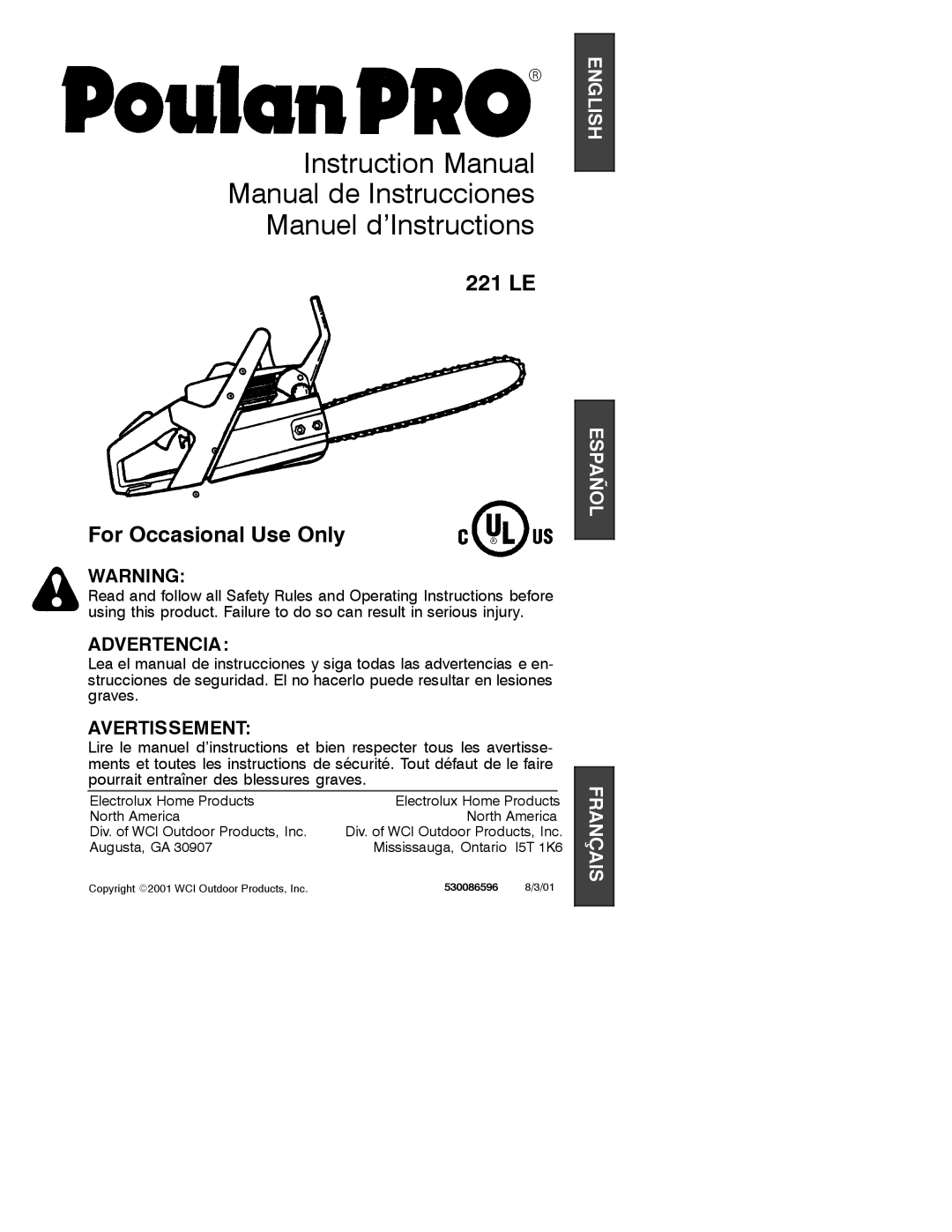 Poulan 2001-08, 530086596 instruction manual Manual de Instrucciones Manuel d’Instructions 