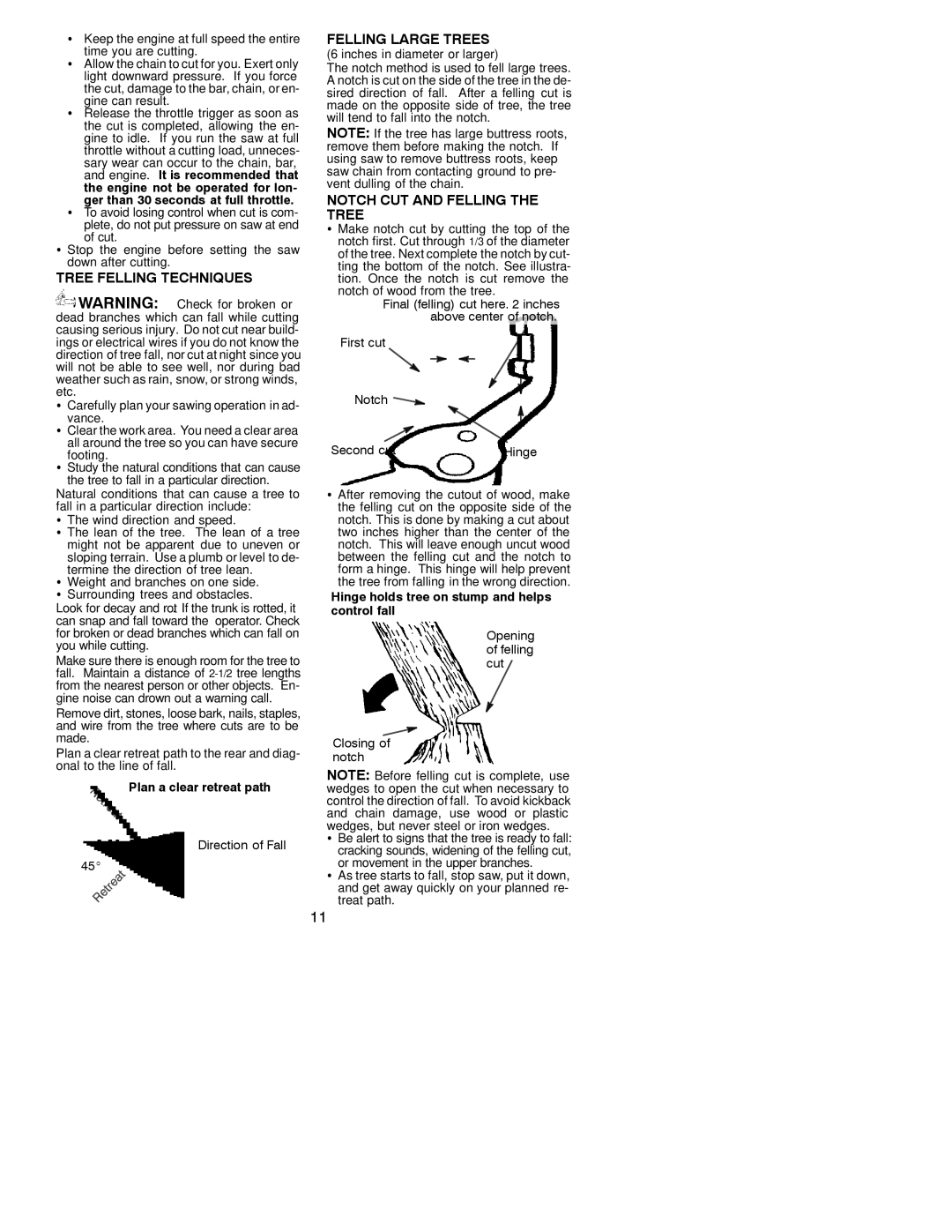 Poulan 2001-08 Tree Felling Techniques, Felling Large Trees, Notch CUT and Felling the Tree, Plan a clear retreat path 