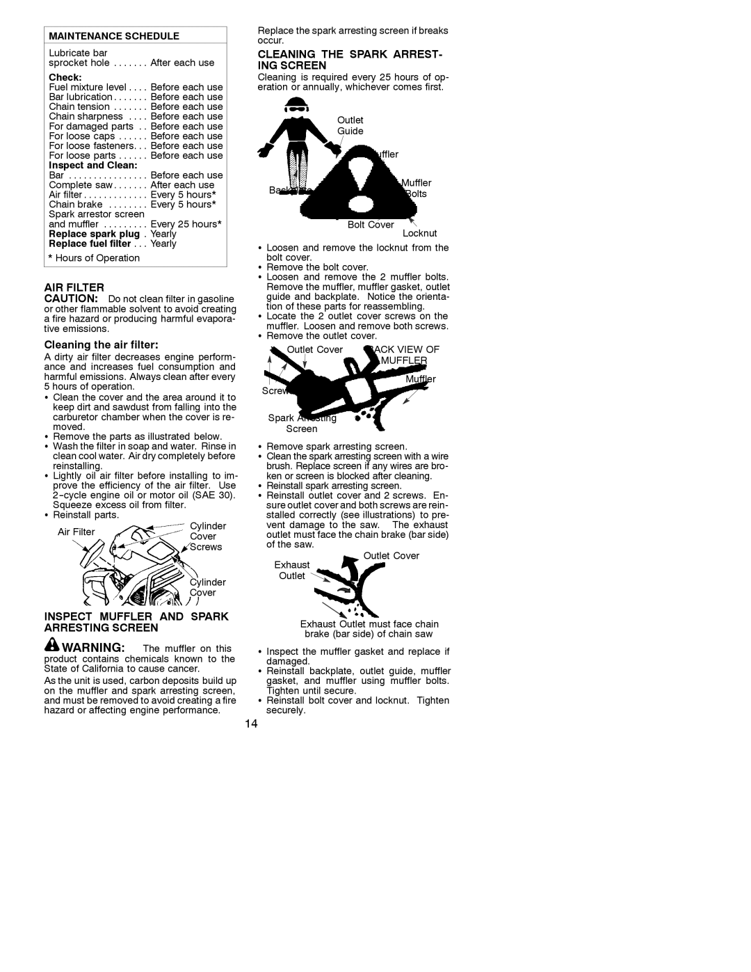 Poulan 530086596, 2001-08 instruction manual AIR Filter, Cleaning the air filter, Cleaning the Spark ARREST- ING Screen 