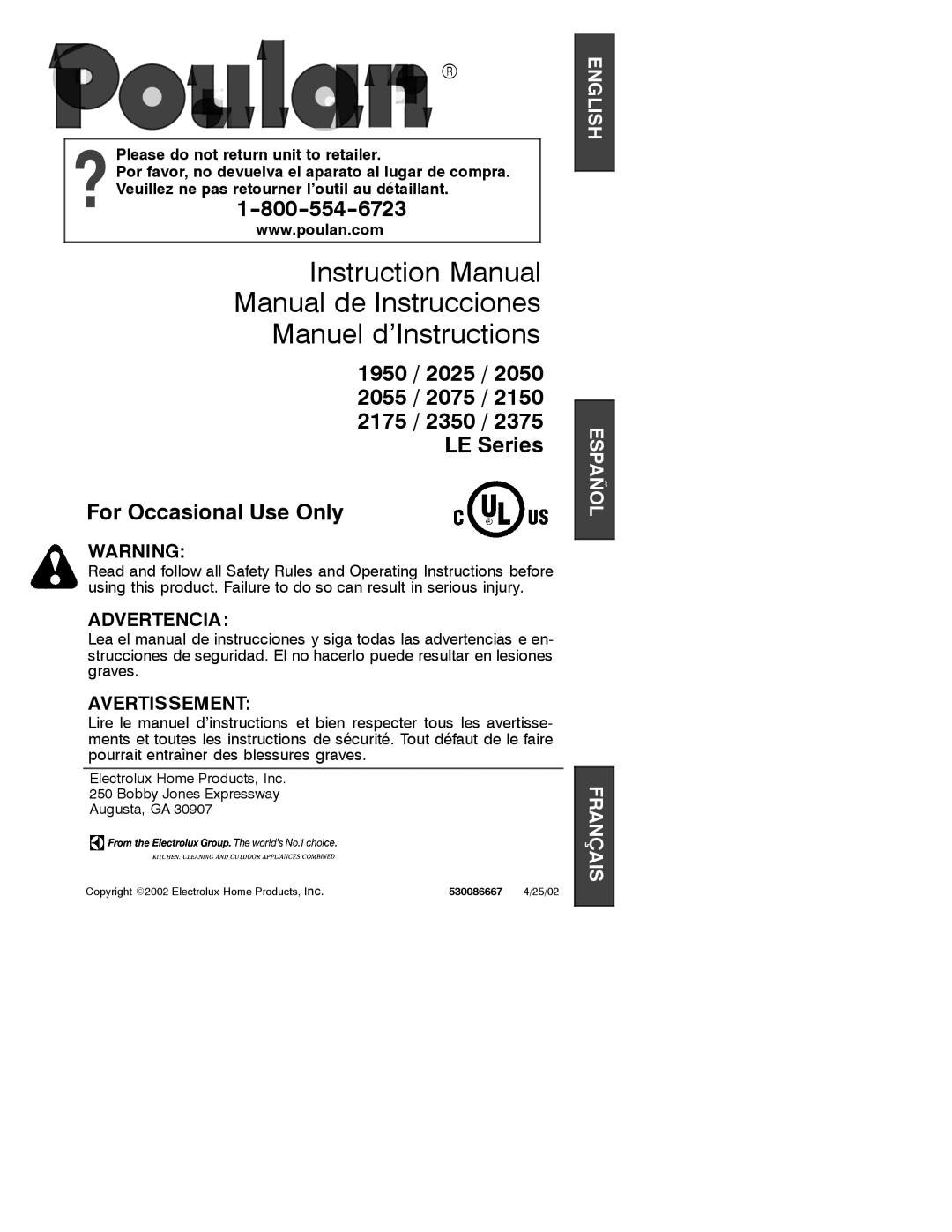 Poulan 530086667 instruction manual Manual de Instrucciones Manuel d’Instructions 