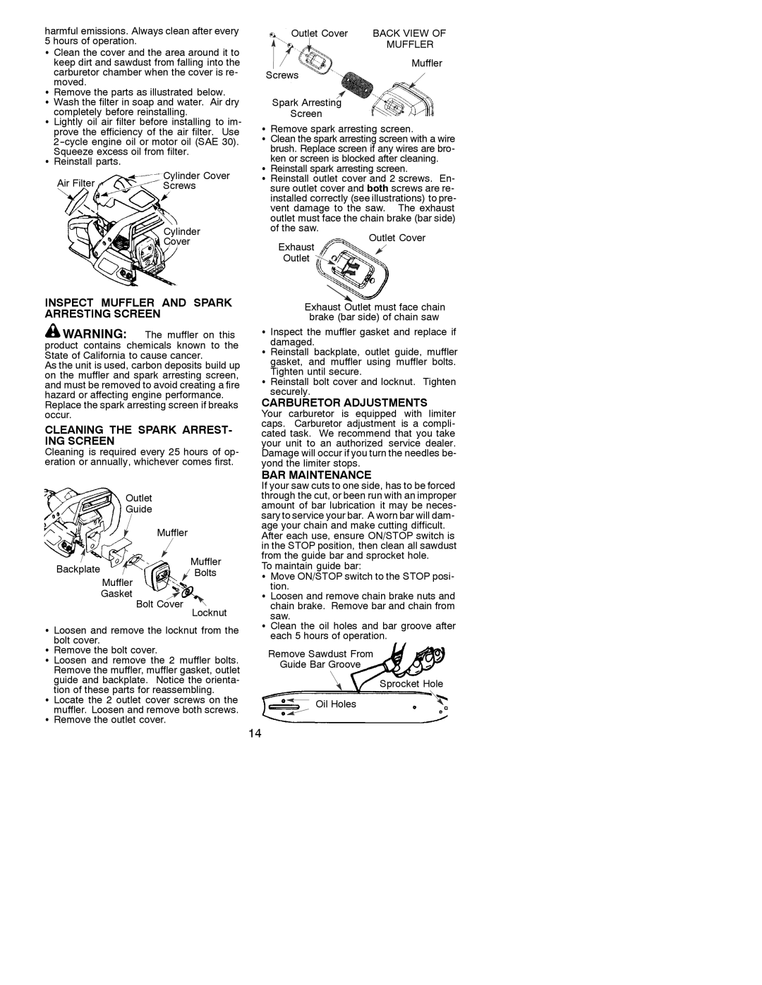 Poulan 530086667 Inspect Muffler and Spark Arresting Screen, Cleaning the Spark ARREST- ING Screen, Carburetor Adjustments 