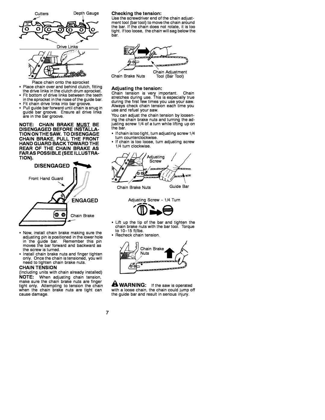 Poulan 530086667 instruction manual Disengaged, Engaged, Checking the tension, Adjusting the tension, Chain Tension 