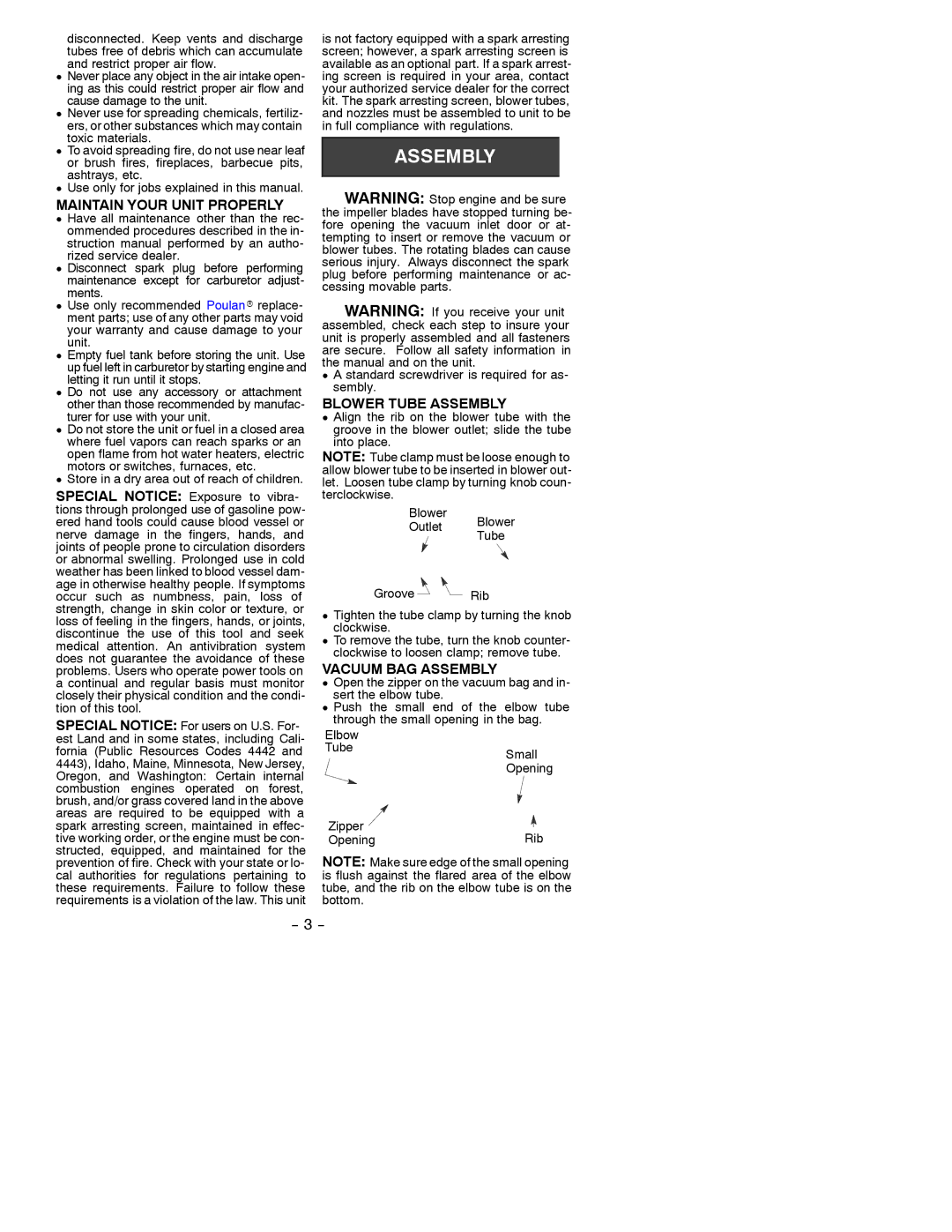 Poulan 530086795 instruction manual Maintain Your Unit Properly, Blower Tube Assembly, Vacuum BAG Assembly 