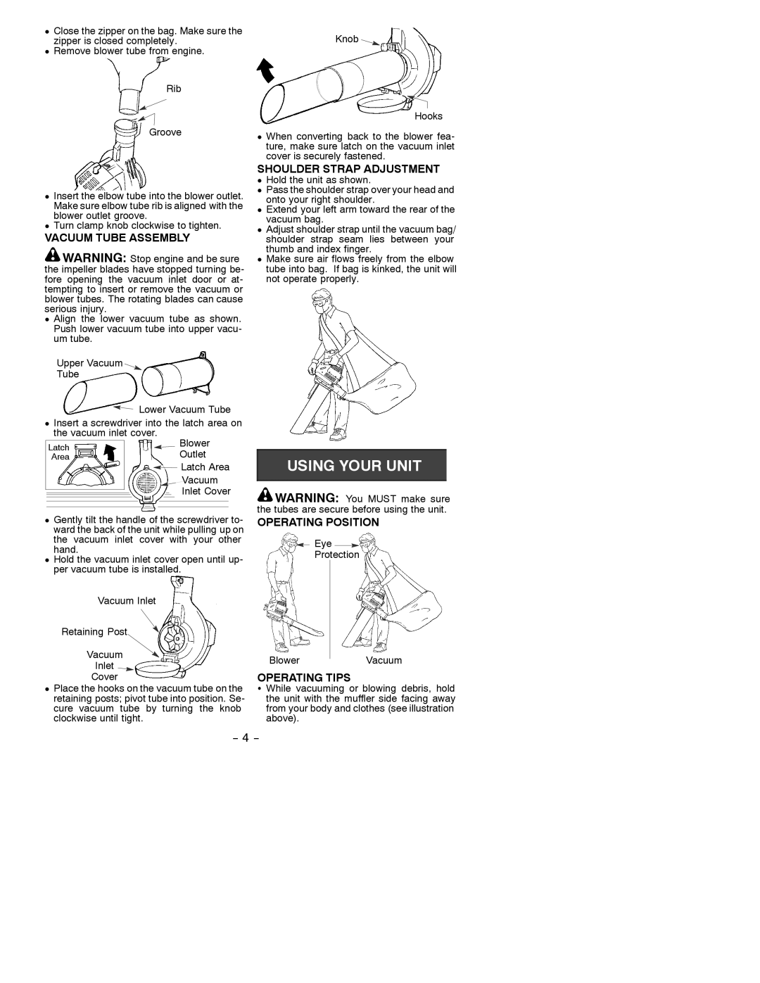 Poulan 530086795 instruction manual Vacuum Tube Assembly, Shoulder Strap Adjustment, Operating Position, Operating Tips 