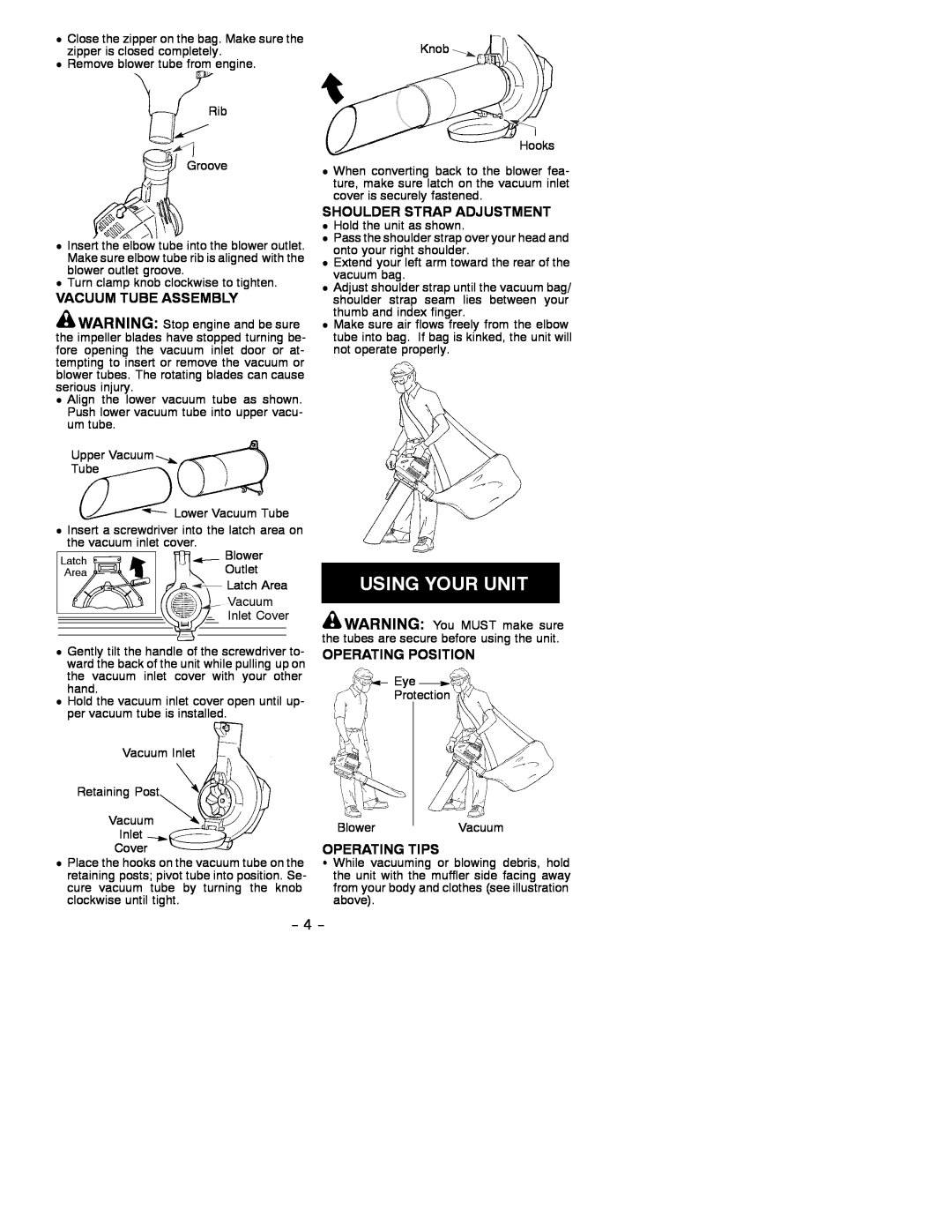 Poulan 530086795 instruction manual Vacuum Tube Assembly, Shoulder Strap Adjustment, Operating Position, Operating Tips 