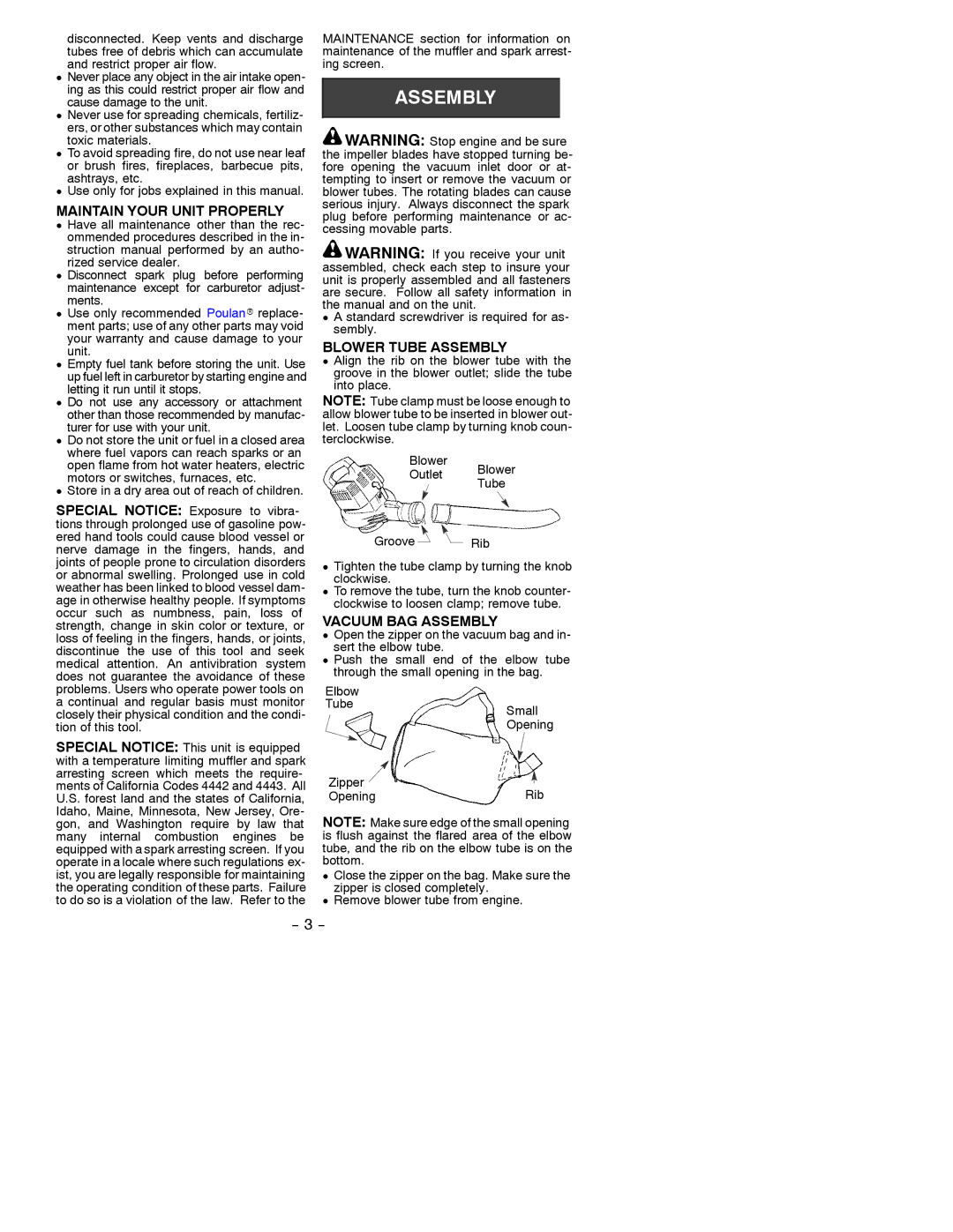 Poulan 530086848 instruction manual Maintain Your Unit Properly, Blower Tube Assembly, Vacuum BAG Assembly 