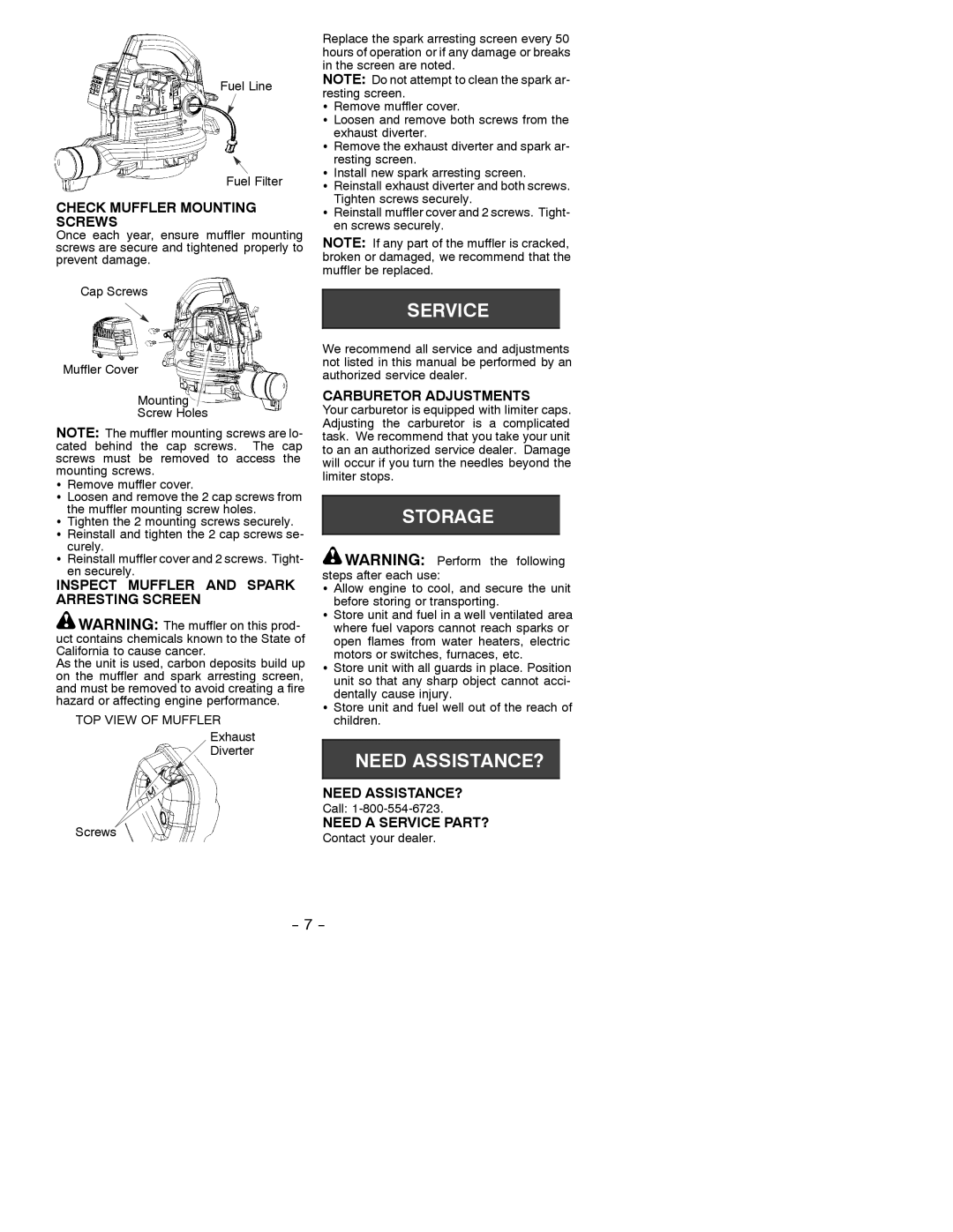 Poulan 530086848 Check Muffler Mounting Screws, Inspect Muffler and Spark Arresting Screen, Carburetor Adjustments 