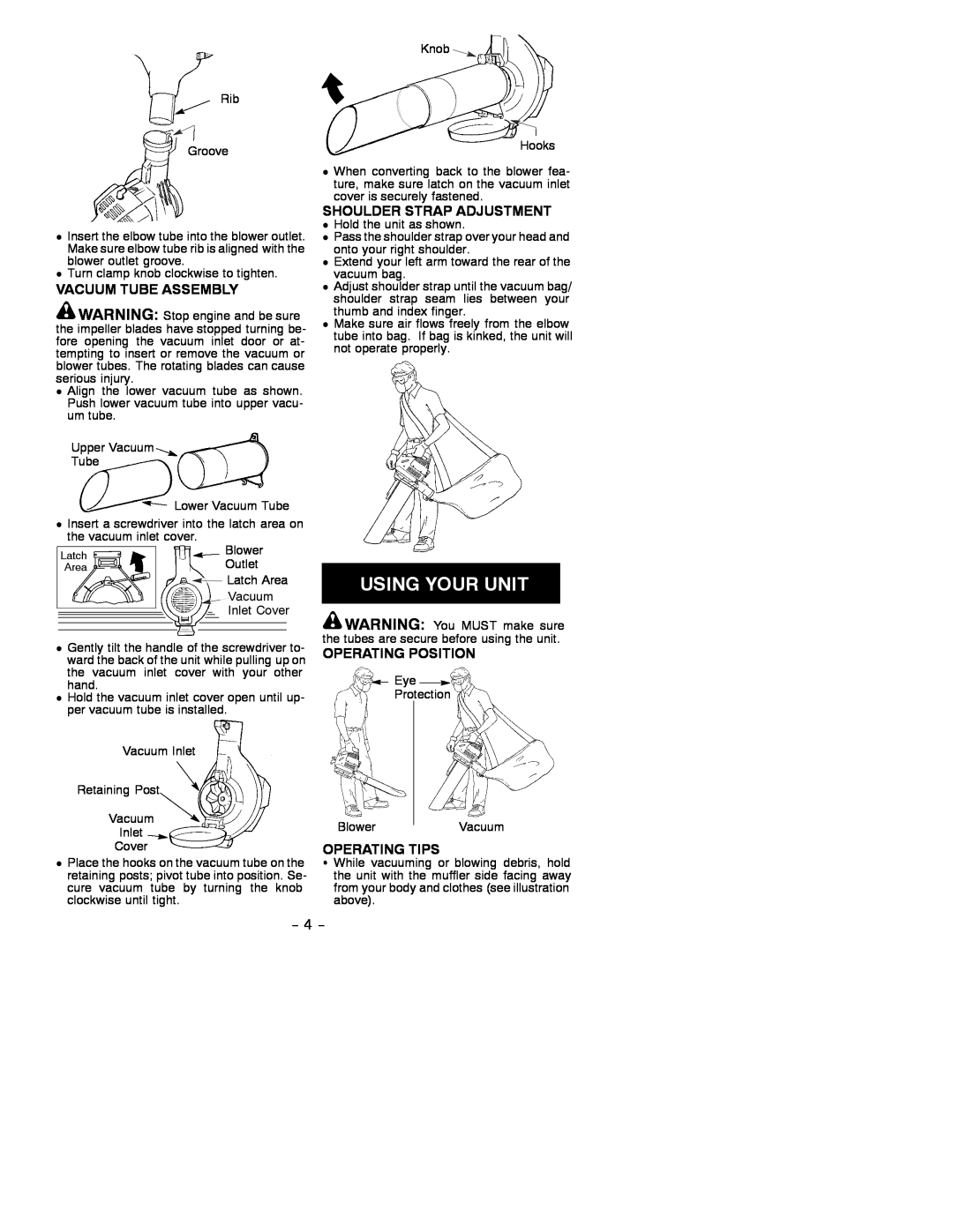 Poulan 530086848 instruction manual Vacuum Tube Assembly, Shoulder Strap Adjustment, Operating Position, Operating Tips 