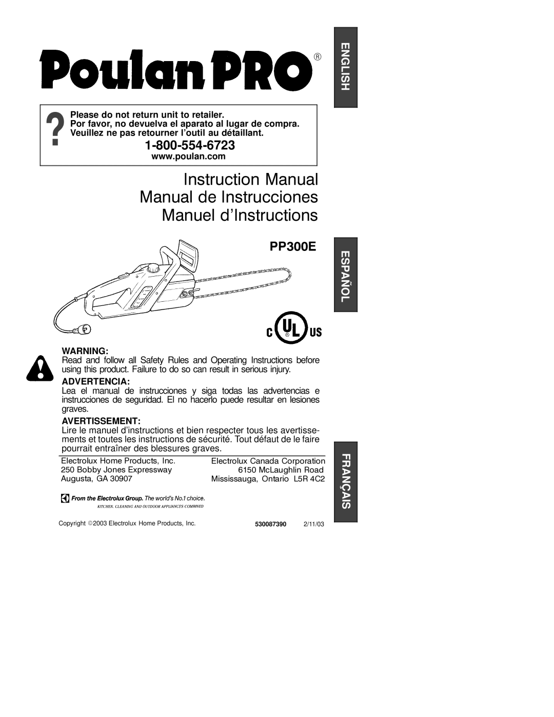 Poulan 530087390 instruction manual Manual de Instrucciones Manuel d’Instructions 