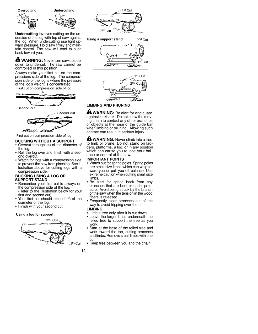 Poulan 530087390 Bucking Without a Support, Bucking Using a LOG or Support Stand, Limbing and Pruning Important Points 