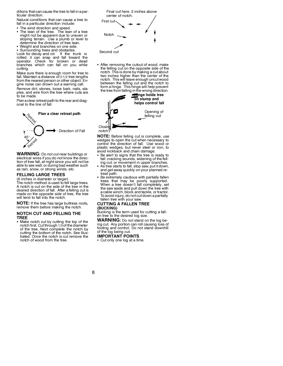Poulan 530087722 Felling Large Trees 6 inches in diameter or larger, Notch CUT and Felling the Tree, Cutting a Fallen Tree 