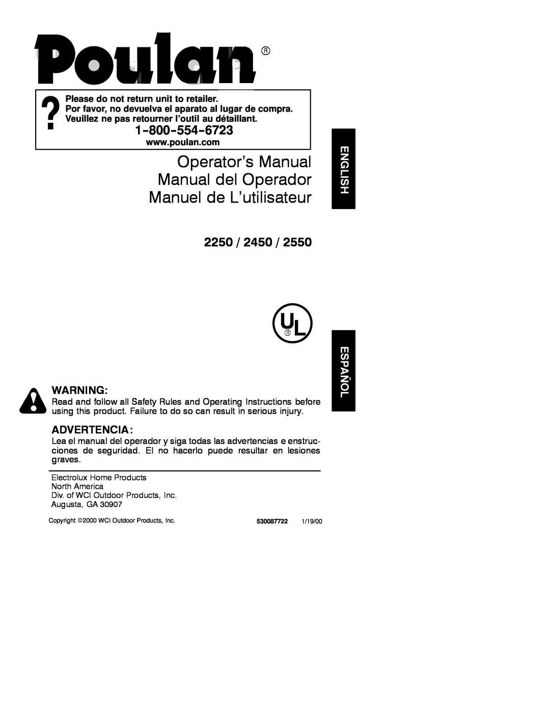 Poulan 2000-01 operating instructions Operator’s Manual Manual del Operador Manuel de L’utilisateur, 2250, Advertencia 