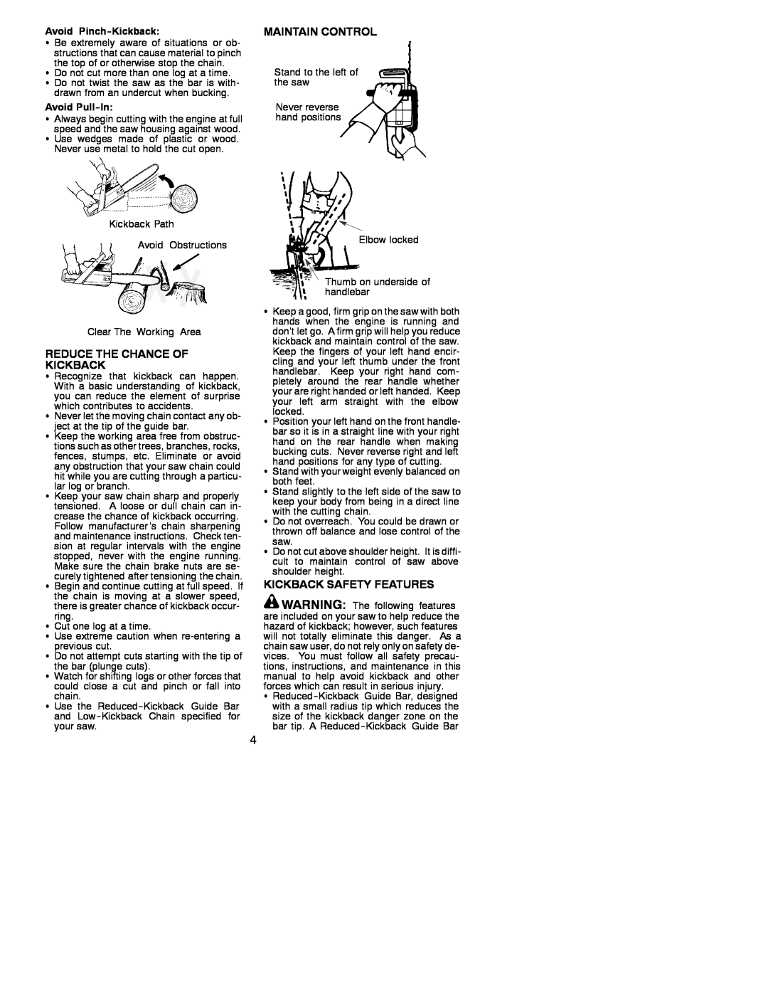 Poulan 530087723, 2000-08 Reduce The Chance Of Kickback, Maintain Control, Kickback Safety Features, Avoid Pinch-Kickback 