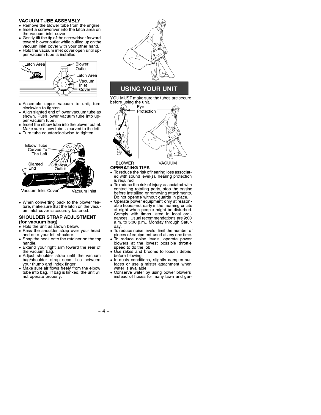 Poulan 530087725 manual Vacuum Tube Assembly, Shoulder Strap Adjustment for vacuum bag, Operating Tips 