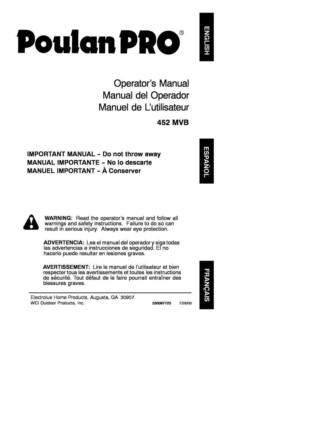 Poulan 530087725 manual Operator’s Manual Manual del Operador Manuel de L’utilisateur, 452 MVB 