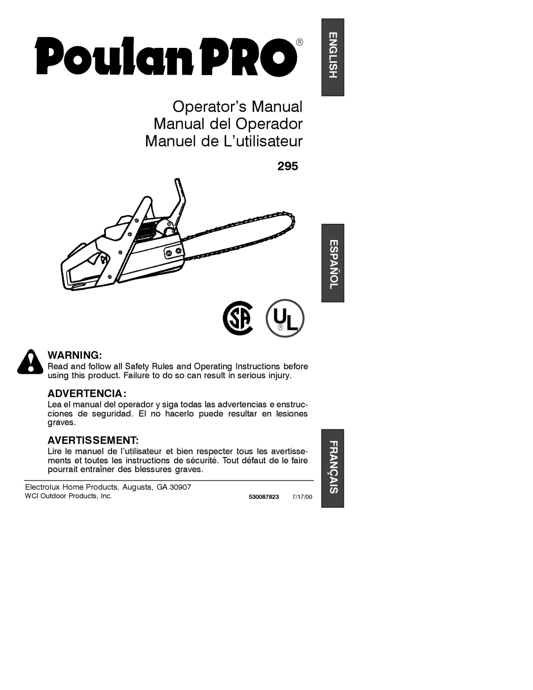 Poulan 530087823 operating instructions 295, WCI Outdoor Products, Inc 