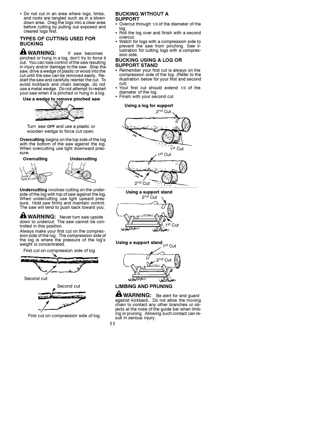 Poulan 530087823 Types of Cutting Used for Bucking, Bucking Without a Support, Bucking Using a LOG or Support Stand 