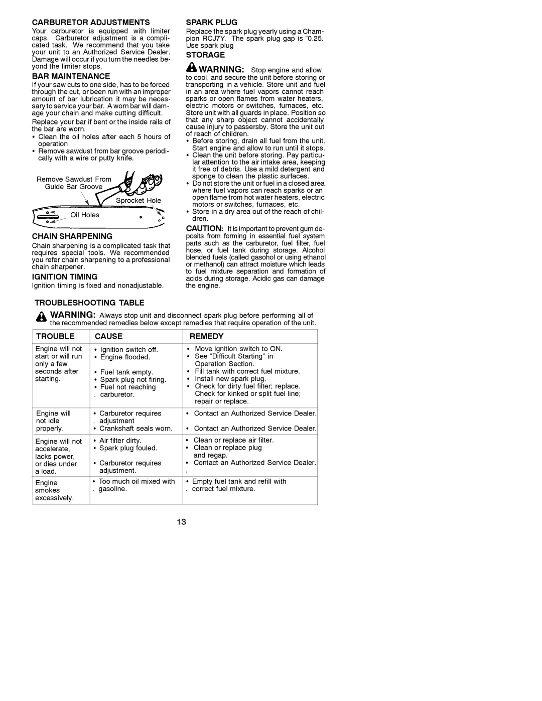 Poulan 530087823 operating instructions Troubleshooting Table Spark Plug, Storage 