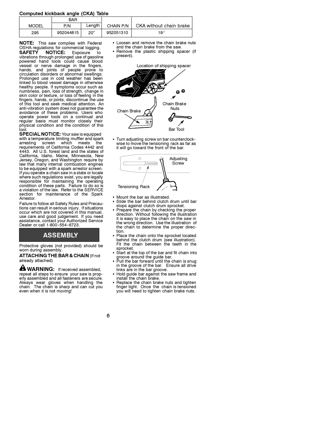 Poulan 530087823 operating instructions Computed kickback angle CKA Table, Safety Notice Exposure to 