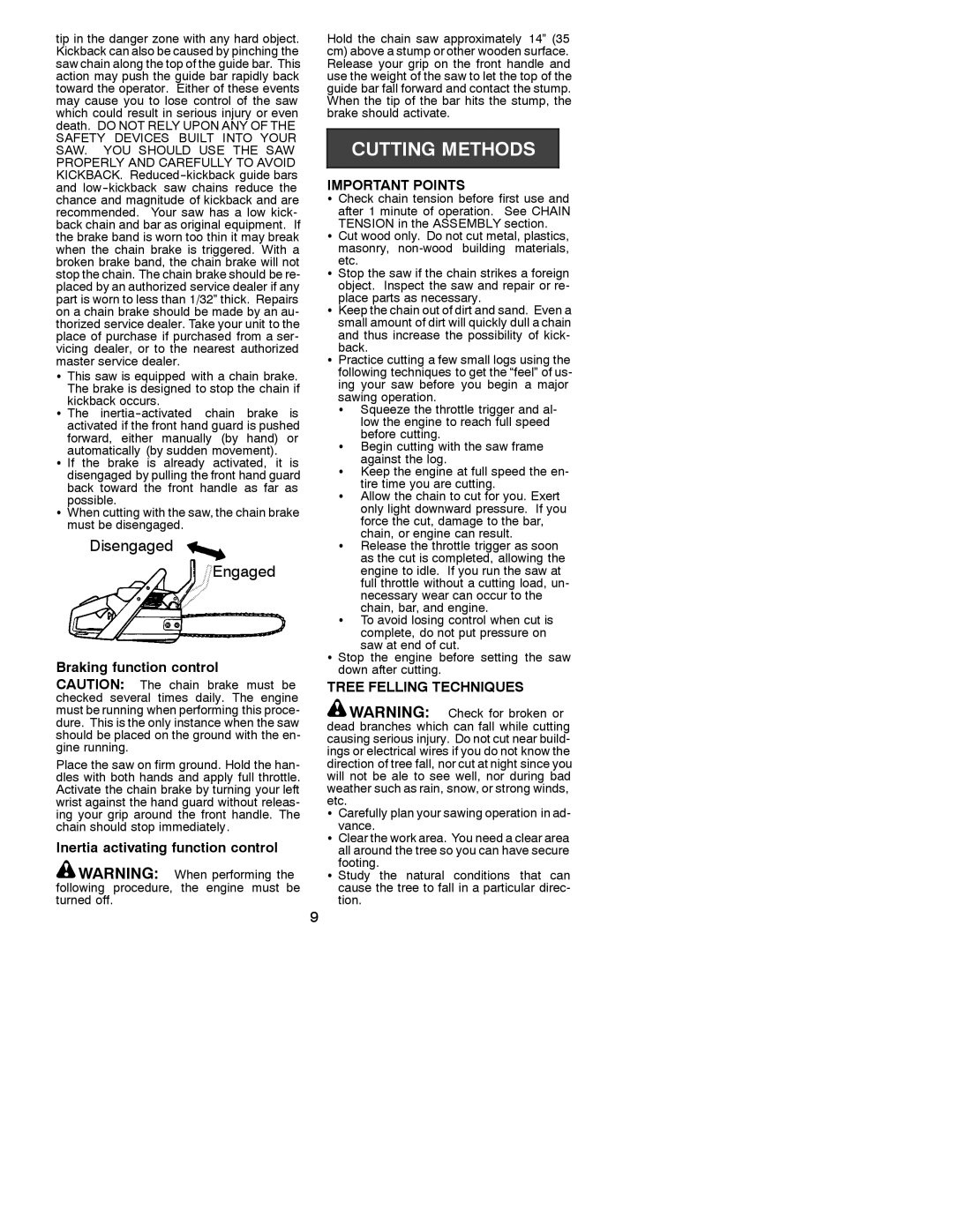 Poulan 530087823 Braking function control, Inertia activating function control, Important Points, Tree Felling Techniques 