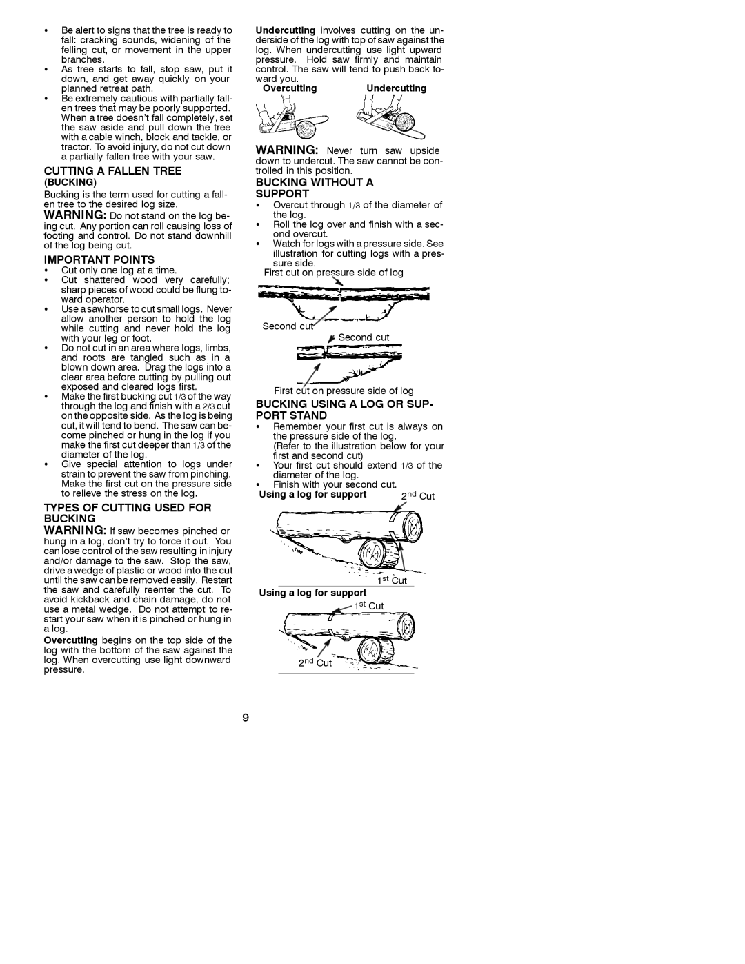 Poulan 530087857 manual Cutting a Fallen Tree, Types of Cutting Used for Bucking, Bucking Without a Support 