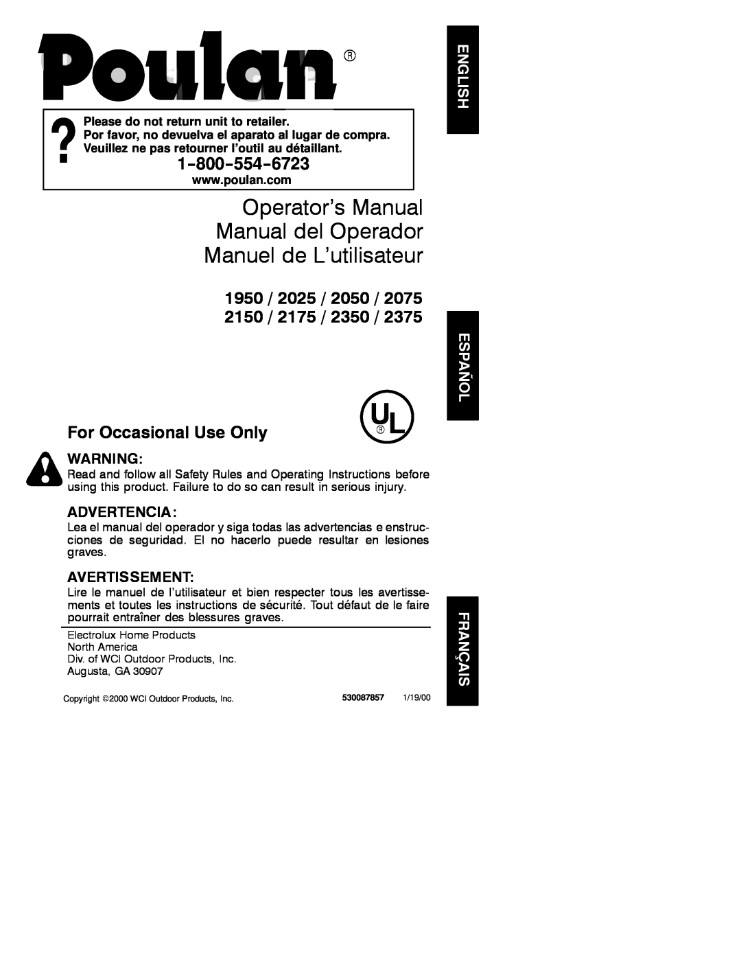 Poulan 530087857 manual Operator’s Manual Manual del Operador, Manuel de L’utilisateur, 1950 / 2025 / 2050 / 2150 